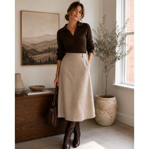 Pant-her Vintage 100% Pure Wool Midi Skirt Heathered Tan Beige A-Line Lined 29W